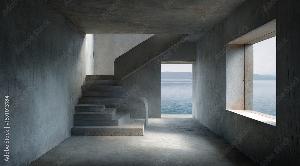 Fototapeta premium Minimalist concrete interior with a curved staircase leading to an ocean view through a rectangular window. Sunlight streams in, illuminating the space