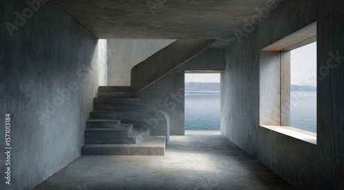 Minimalist concrete interior with a curved staircase leading to an ocean view through a rectangular window.  Sunlight streams in, illuminating the space