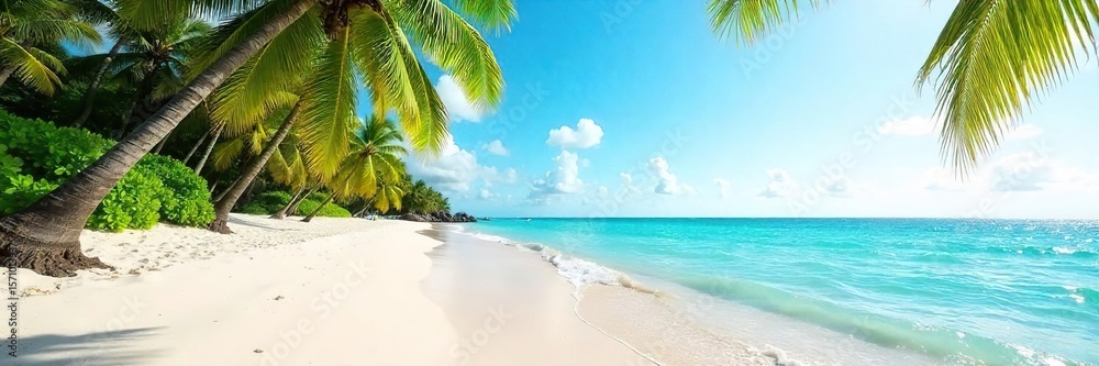 Obraz premium Tranquil Sunrise Beach Scene Turquoise Waters, Soft Sand, Swaying Palms