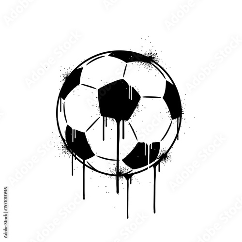 A soccer ball with black drips and splatters on a white background