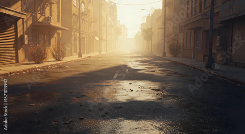 Empty Urban Street with Puddles and Golden Light After Rain