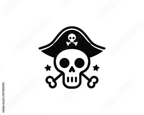 Cute pirate skull vector icon with crossbones and hat
