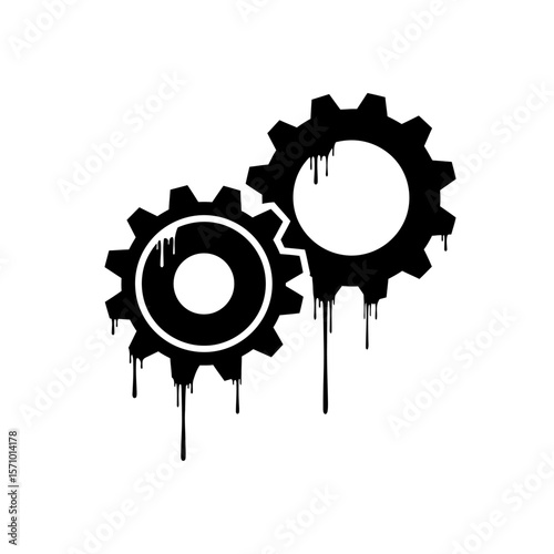 Two black gears with dripping paint isolated on a white background