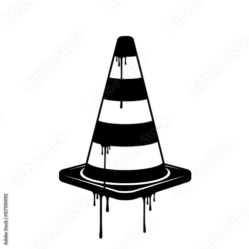 Isolated black and white dripping striped traffic cone illustration