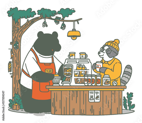 Friendly Bear Cafe Scene with Animals in Nature, Flat Vector Illustration