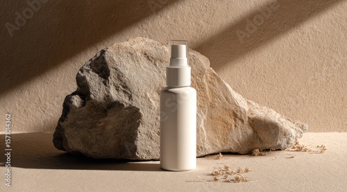 Minimalist product shot of a white spray bottle against a neutral backdrop featuring a large rock and dried flowers; sunlight casts shadows
