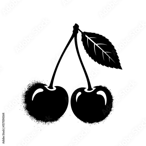 Graphic black and white illustration of two cherries and a leaf