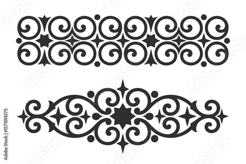 Vintage Ornate black and white decorative border with swirling floral elements and stars, filigree Motif curls designs calligraphy, and Elegant floral scrolls  