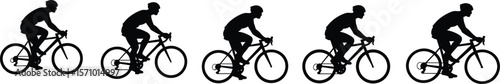 Silhouettes of cyclists riding bicycles in motion, group of men biking, competitive road cycling, outdoor sport vector illustration