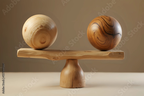 Wooden scale balancing two big wodden balls. Concept of harmony and balance.