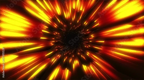 A light tunnel or an explosion of color. In the center is a dark space surrounded by bright, sparkling lines and rays of red, yellow, and orange.