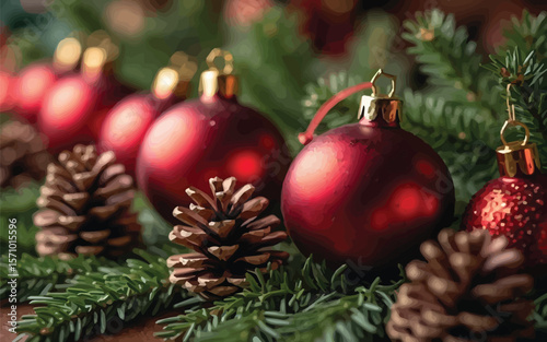 Red ornaments and pinecones nestled in lush evergreen branches, capturing festive Christmas charm.

