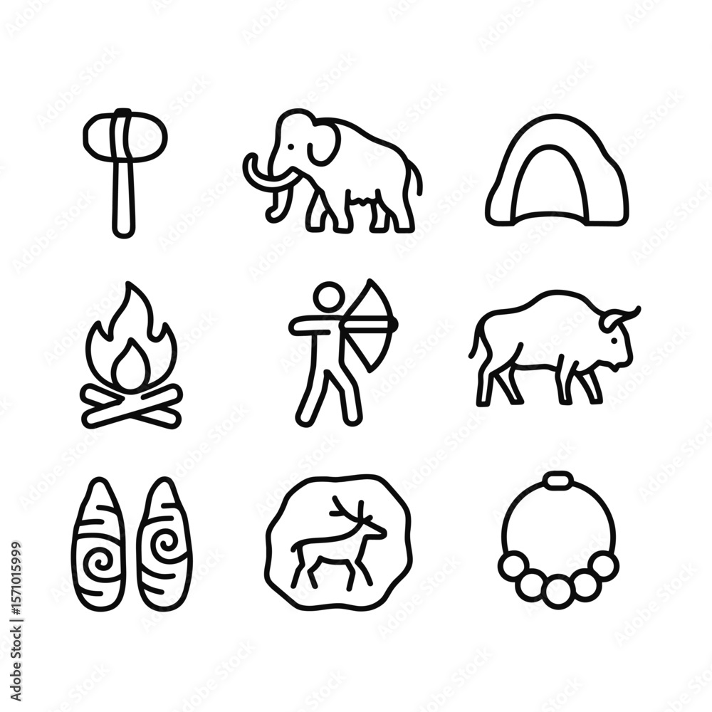 Fototapeta premium Stone age prehistoric icons collection. Outline symbols. Line design