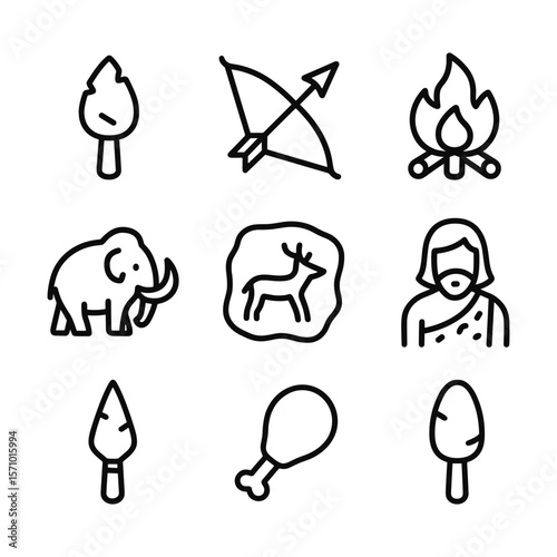 Ancient stone age tool icons. Outline symbols. Line design