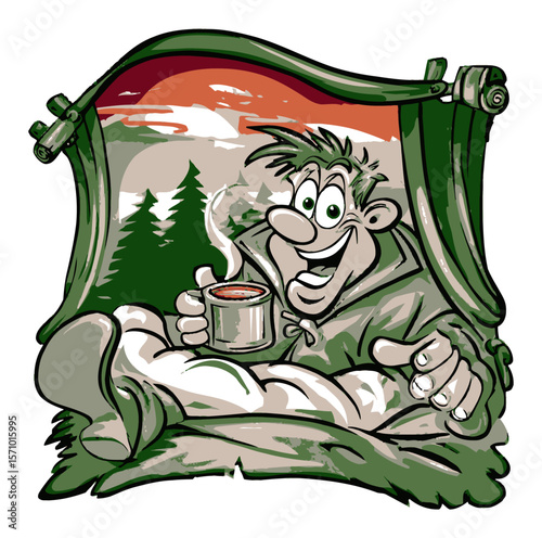 Happy Cartoon Character Camping with Coffee in Scenic Outdoor Setting