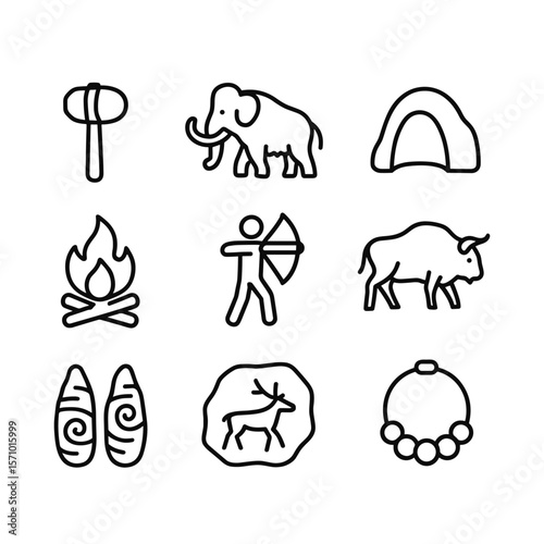 Stone age prehistoric icons collection. Outline symbols. Line design
