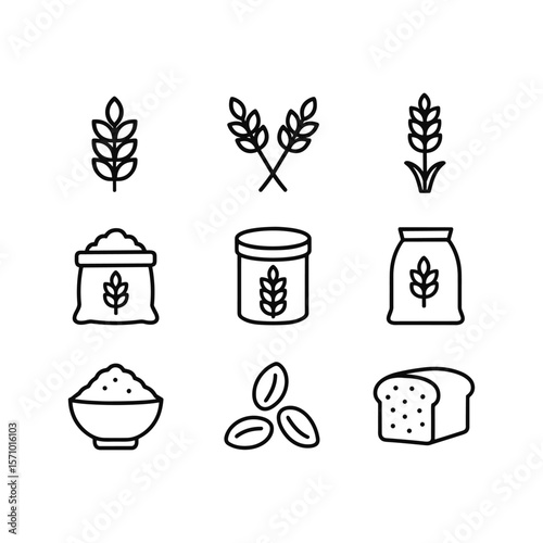 Wheat and grain icon set. Outline symbols. Line design
