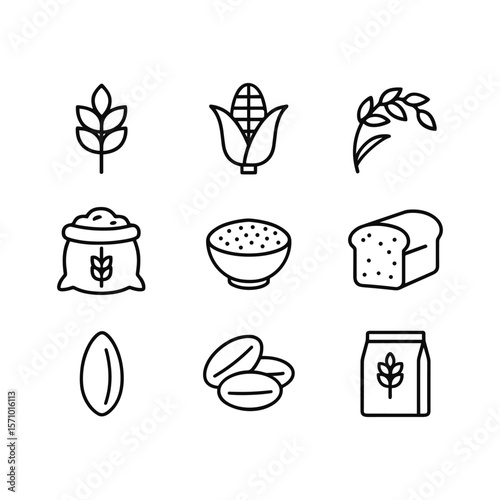 Agriculture grain harvest icons. Outline symbols. Line design