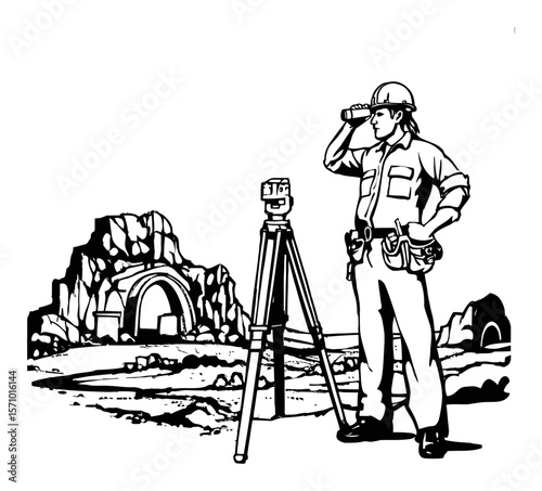 Hand-Drawn Engineer Using Survey Equipment in Industrial Landscape Scene