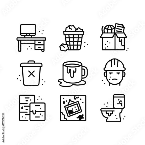 Messy office workplace vector icons. Outline symbols. Line design