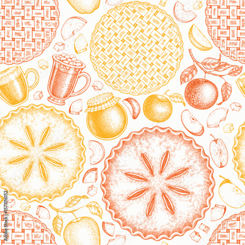 Hand Drawn Vector Apple Pie Seamless Pattern. Not AI Generated. Autumn Seasonal Background. Fall Season Cozy Mood Illustration. Vintage Harvest Design Banner.
