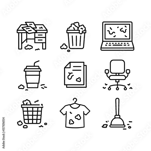 Dirty workplace icons vector set. Outline symbols. Line design