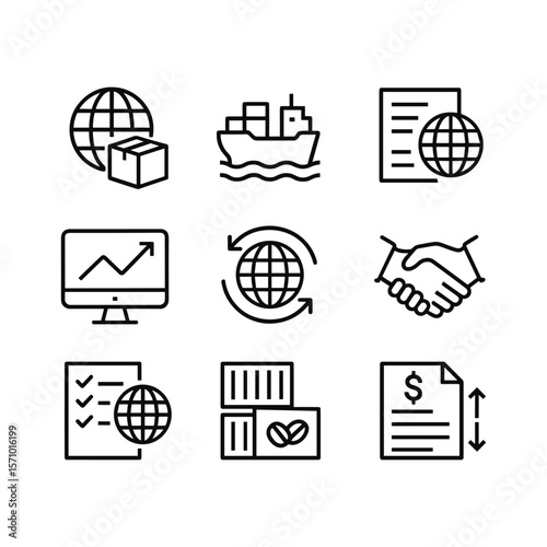 International trade vector icons. Outline symbols. Line design
