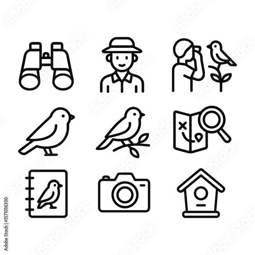 Birding and ornithology vector icon collection. Outline symbols. Line design