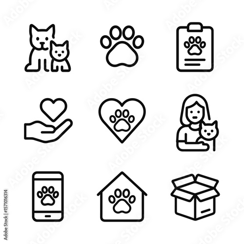 Pet adoption and animal care icons set. Outline symbols. Line design