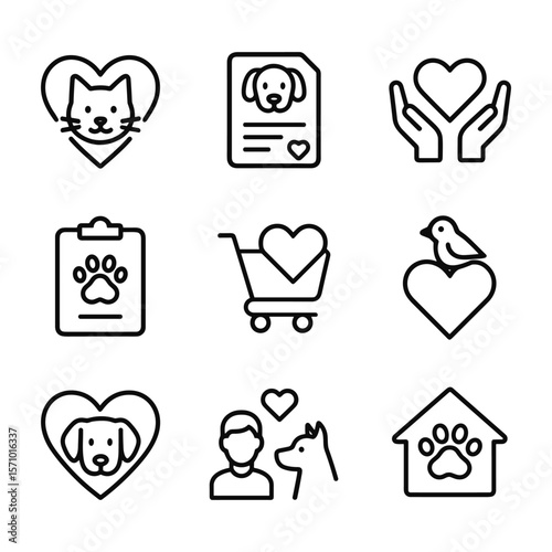 Veterinary and pet healthcare icons collection. Outline symbols. Line design