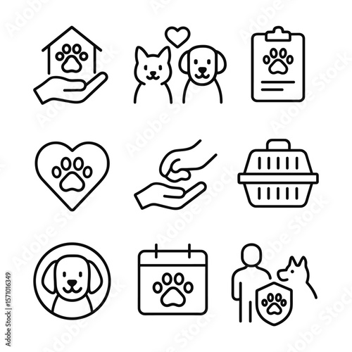 Animal rescue and pet welfare icons set. Outline symbols. Line design
