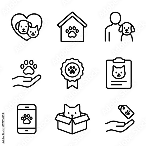 Dog and cat adoption service icons. Outline symbols. Line design