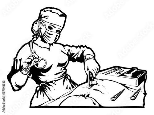 Hand Drawn Illustration of Surgeon Performing Surgery on Patient