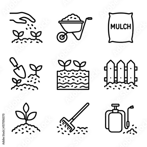 Organic mulch and composting icons set. Outline symbols. Line design
