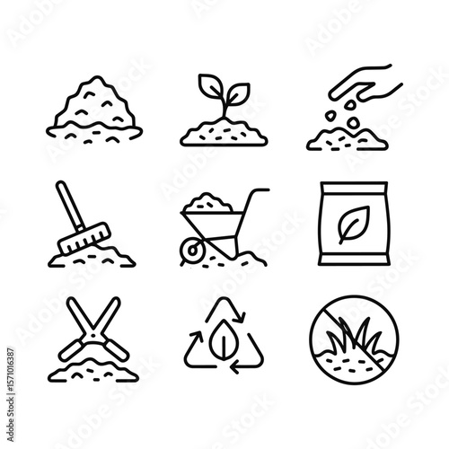 Landscaping and mulch application icons collection. Outline symbols. Line design
