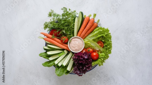 Top view of fresh vegetables and salad bowl on clean white background, diet concept