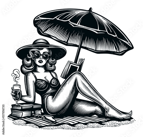 Retro Beach Scene with Woman in Swimsuit and Sun Umbrella Design