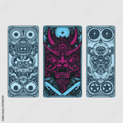 the oni mask grins beneath shadowed lacquer, drawn in vector for cursed cardwork
