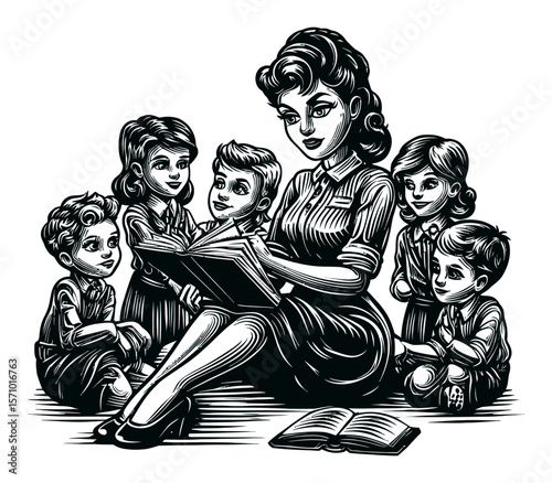Vintage Hand Drawn Illustration of Teacher Reading to Children