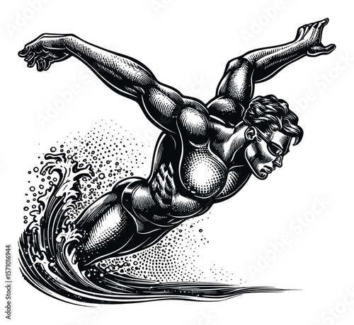 Dynamic Vector Drawing of a Male Swimmer in Action Diving into Water
