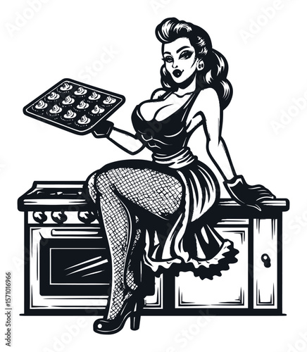 Vintage Retro Kitchen Woman Holding Baking Tray in Black and White Illustration