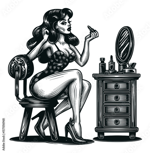 Vintage Hand-Drawn Illustration of a Glamorous Woman at a Vanity Table