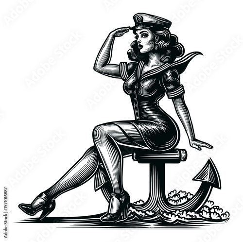 Vintage Vector Illustration of a Saluting Woman in Nautical Uniform