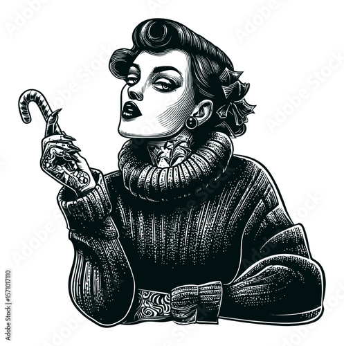 Vintage Hand Drawn Portrait of a Stylish Woman with Tattooed Arm and Sweater