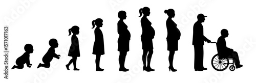 Human life cycle showcasing the different stages from infant to adulthood and old age demonstrating growth, silhouette