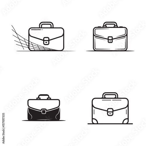 Four black and white line art briefcase icons on white background luggage business