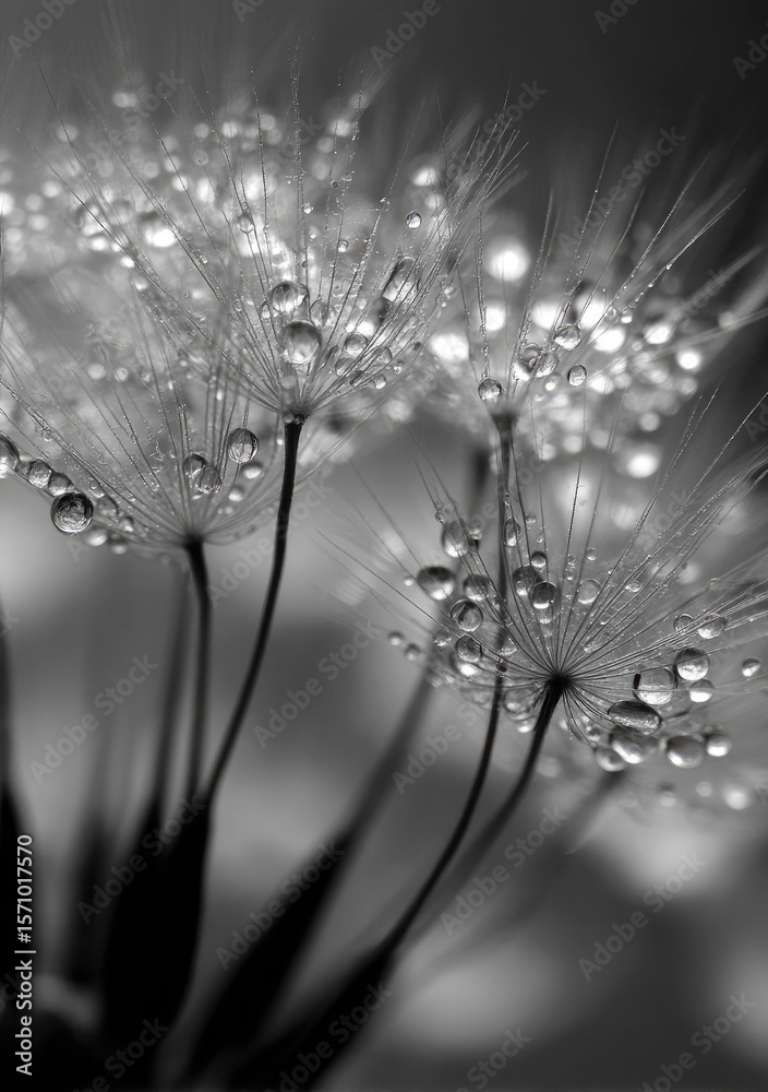 Naklejka premium Monochrome close-up of dandelion seed heads, glistening with dew drops, contrasting dark background and highlighted seeds