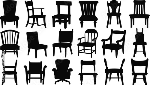 Diverse collection of black chair silhouettes showcasing various styles and designs
