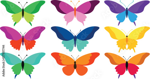 Collection of nine colorful stylized butterflies with unique color combinations on a white background