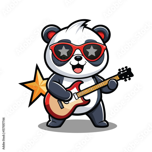 Cool Panda Playing Guitar with Star Sunglasses in Rockstar Pose, Fun Cartoon Vector Art for Music, Entertainment, Kids, and Pop Culture Designs